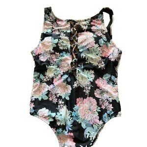 Bathing suit, one piece, black floral, size large
